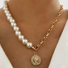 Embossed Pendant Faux Pearl Alloy Necklace Nl149 - Gold - One Size