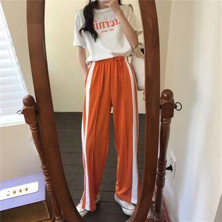 Short-sleeve Letter Print T-shirt / Striped Wide-leg Sweatpants