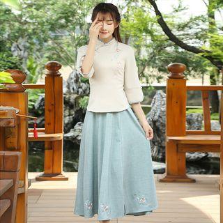 3/4-sleeve Embroidery Frog-button Top