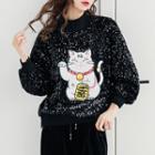 Cat Applique Sequined Sweatshirt
