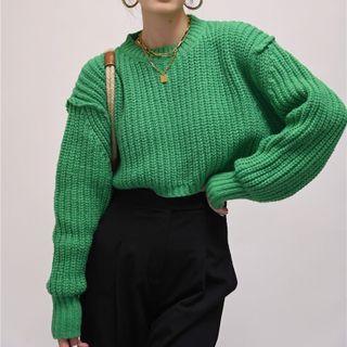 Round-neck Plain Ribbed Oversize Ruffle Sweater