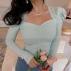 Lace Panel Shirred T-shirt Mint Green - One Size