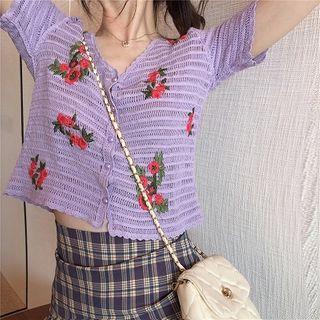 Flower Embroidered Short-sleeve Cropped Cardigan