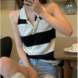 Halter-neck Striped Camisole Top Stripe - Black & White - One Size