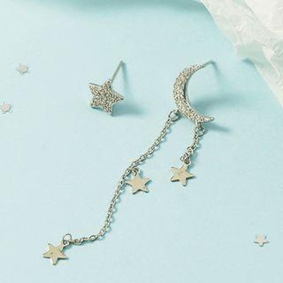 Asymmetrical Rhinestone Star Crescent Drop Earring 1 Pair - Earrings - Aysmmetrical & Tassel - Silver - One Size