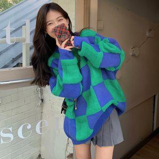 Check Loose-fit Sweater Blue & Green - One Size