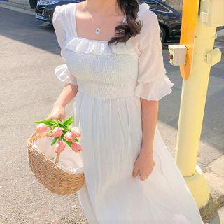 Ruffle Trim Short-sleeve Midi A-line Dress White - One Size