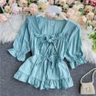 Bow-detail Square-neck Puff-sleeve Chiffon Blouse