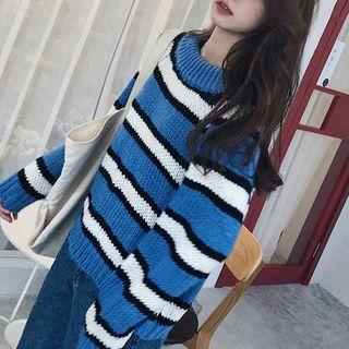 Striped Off-shoulder Sweater Blue - One Size