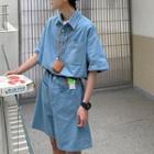 Elbow-sleeve Washed Denim Shirt Romper