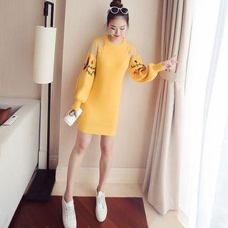 Long-sleeve Floral Embroidered Mini Knit Dress