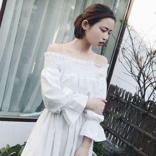 Long-sleeve Off-shoulder Loose-fit A-line Midi Dress
