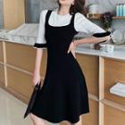 Mock Two-piece Elbow Sleeve A-line Knit Dress Black & White - One Size