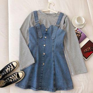Long-sleeve Round Neck Striped T-shirt / Denim Sleeveless Dress