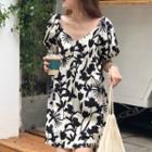 Floral Short-sleeve A-line Dress Black & White - One Size