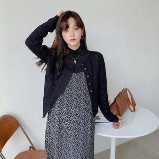 Turtleneck Long-sleeve T-shirt / Flower Print Midi Pinafore Dress / Cable-knit Cardigan