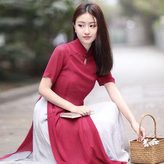 Set: Short-sleeve Maxi Chiffon Cheongsam + Slipdress