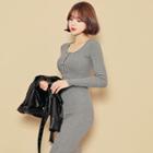 Half-placket Ribbed Long Dress