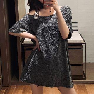 Sequined Strap Cold-shoulder Glitter Tunic T-shirt