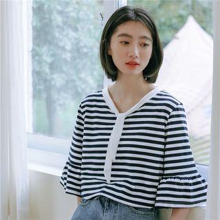 3/4-sleeve Frill Trim Striped T-shirt