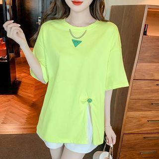 Elbow-sleeve Chain Strap Slit T-shirt