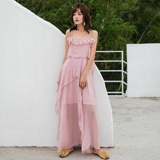 Spaghetti Strap Ruffle Trim Maxi Chiffon Dress