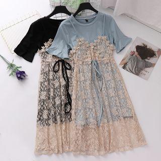 Set: Short-sleeve Long T-shirt + Lace Strappy Dress