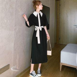 Elbow-sleeve Two-tone Midi A-line Dress