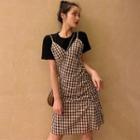 Set: Short-sleeve T-shirt + Plaid Strappy A-line Dress Set - Gingham - Black - One Size