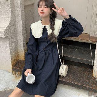 Peter-pan Collar A-line Dress Navy Blue - One Size