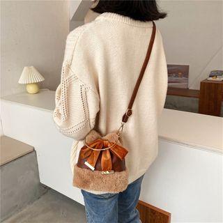Faux Leather Fleece Panel Bucket Bag