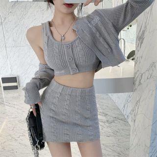 Plain Crop Tank Top / Mini Pencil Skirt / Cardigan