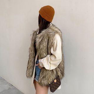 V-neck Open-front Faux-fur Vest Brown - One Size
