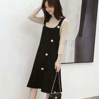 Set: Long-sleeve Mock Neck Knit Top + Sleeveless Midi A-line Dress