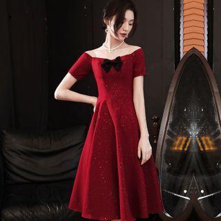 Short-sleeve Bow Front A-line Evening Dress