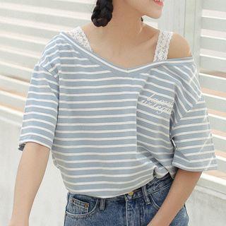 V-neck Open Shoulder Stripe Elbow-sleeve T-shirt
