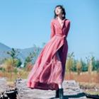 Long-sleeve Mesh Panel Maxi A-line Coat Dress