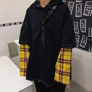 Plaid Mock Two-piece Hoodie Black - One Size