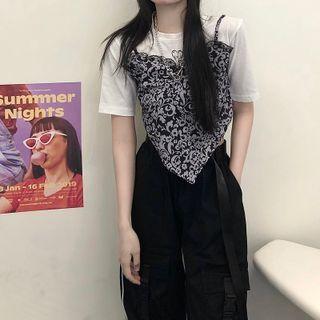 Short-sleeve Mock Two-piece Print Panel Cropped T-shirt