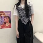 Short-sleeve Mock Two-piece Print Panel Cropped T-shirt