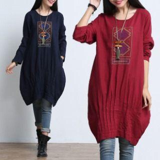 Long-sleeve Embroidered Pleated Dress