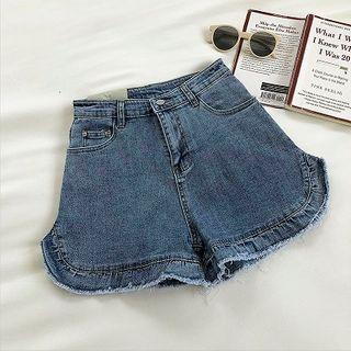 Plain High-waist Frayed A-line Denim Shorts