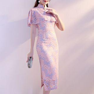 Lace Floral Cape-sleeve Cheongsam