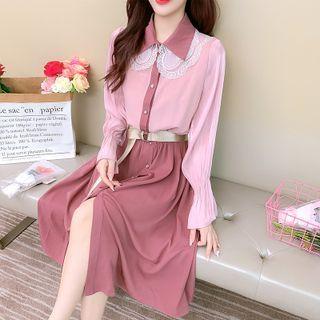 Long-sleeve Two-tone Lace Panel Shirtdress