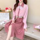 Long-sleeve Two-tone Lace Panel Shirtdress