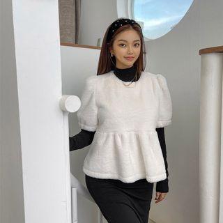 Puff-sleeve Faux-fur Peplum Top