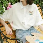 Cartoon Embroidered Elbow-sleeve Blouse