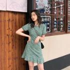 Short-sleeve Frill Trim Patterned A-line Mini Dress