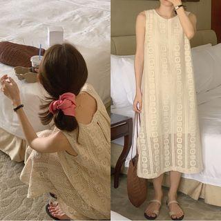 Crew Neck Lace Midi A-line Tank Dress Almond - One Size