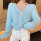 Long-sleeve V-neck Bow-accent Knit Crop Top
